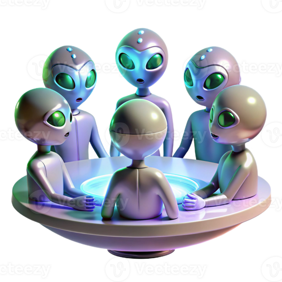 serene classic A group of alien diplomats, with iridescent scales and multifaceted eyes, gathered around a holographic table, soft ambient lighting, realistic style 4K png