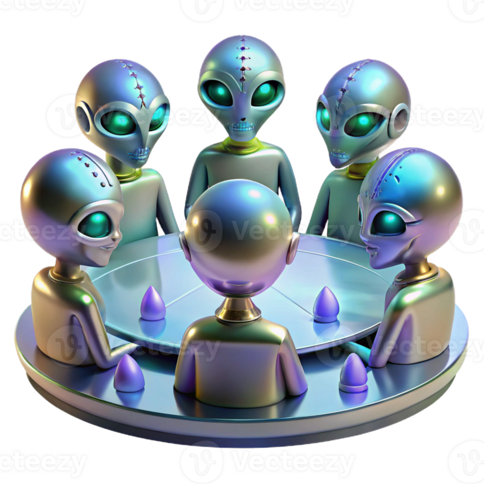 impressive creative A group of alien diplomats, with iridescent scales and multifaceted eyes, gathered around a holographic table, soft ambient lighting, realistic style authentic png
