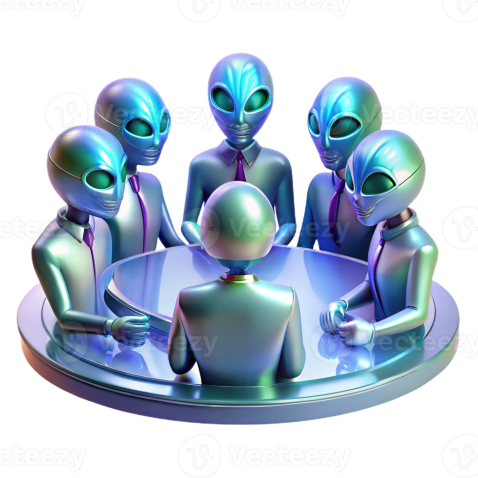 impressive abstract A group of alien diplomats, with iridescent scales and multifaceted eyes, gathered around a holographic table, soft ambient lighting, realistic style authentic png
