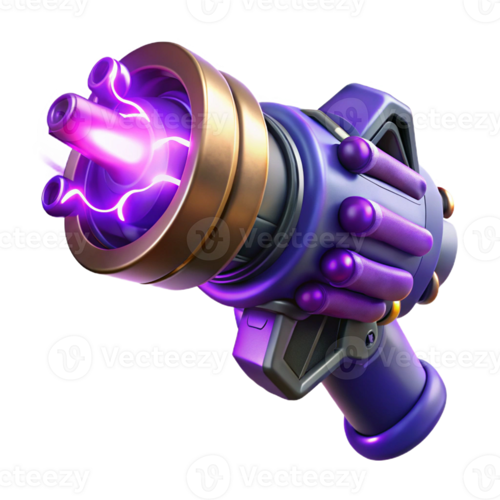magnificent vintage A powerful energy weapon, crackling with purple plasma, held by a robotic hand, harsh spotlight lighting, gritty style genuine png