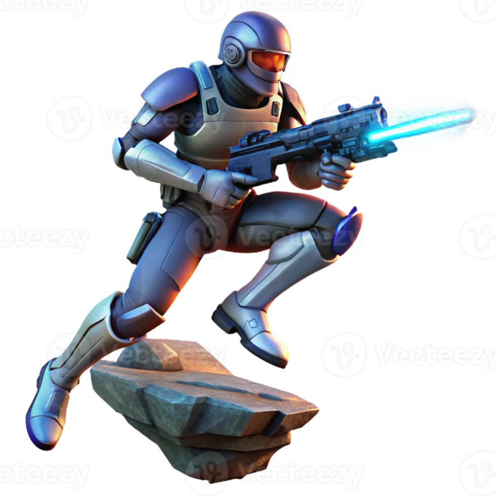 dramatic vintage A futuristic soldier, armed with a laser rifle, leaping across a chasm, dramatic backlighting, cinematic style detailed png