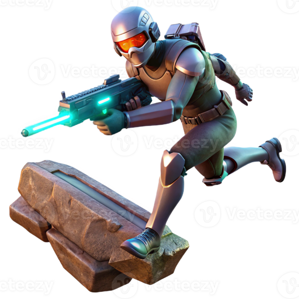 dramatic vintage A futuristic soldier, armed with a laser rifle, leaping across a chasm, dramatic backlighting, cinematic style original png