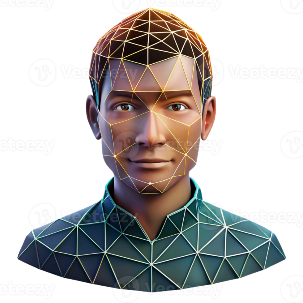 impressive creative Portrait of a man with a face composed of fragmented geometric shapes, lit by neon grid lines, cubist style 4K png
