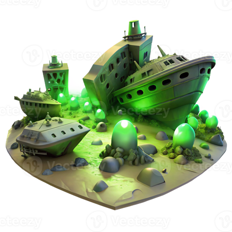 stunning minimalist A spaceship graveyard, filled with derelict vessels, eerie green lighting, horror style high resolution png