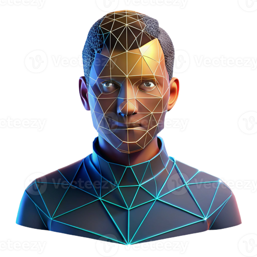 serene artistic Portrait of a man with a face composed of fragmented geometric shapes, lit by neon grid lines, cubist style high resolution png