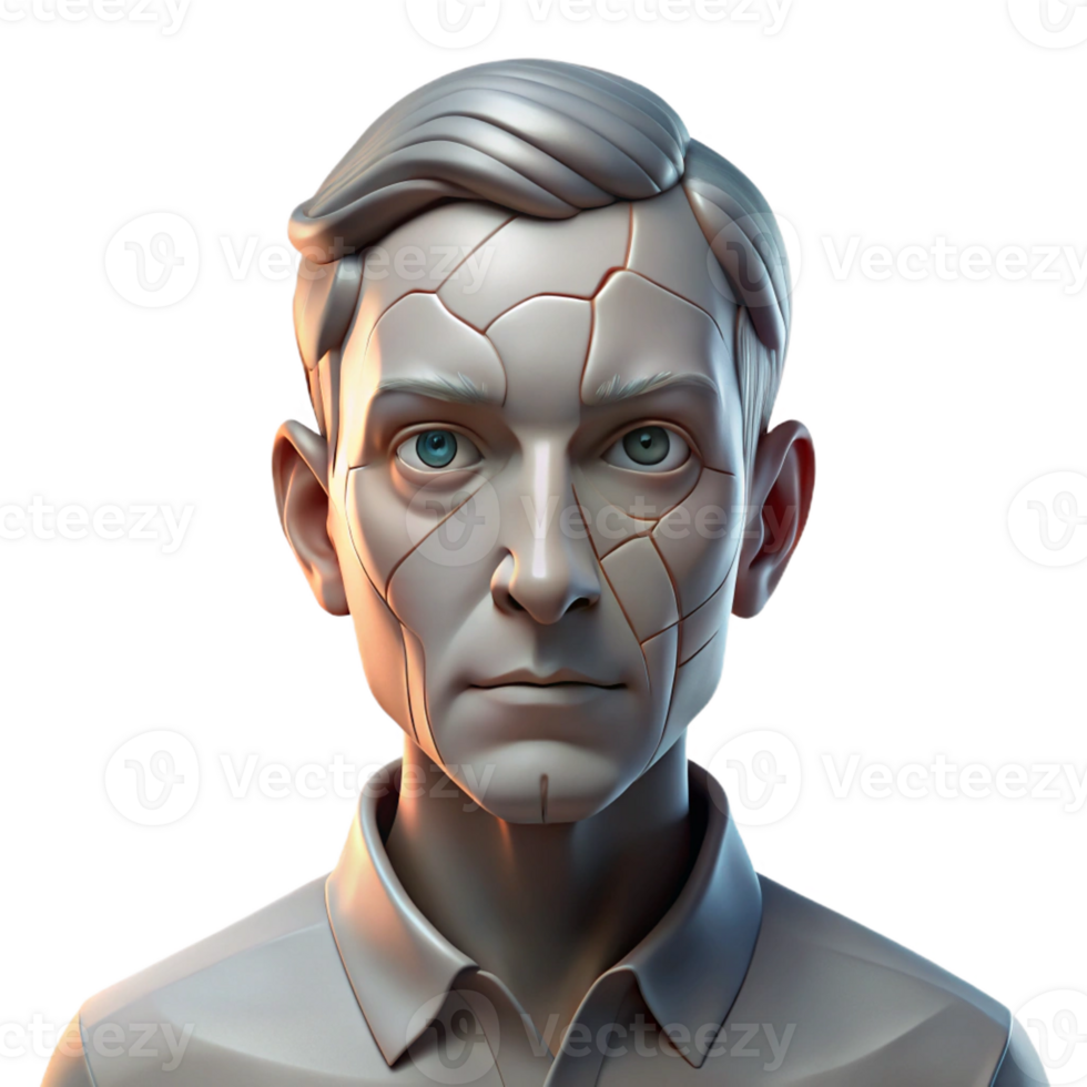 wonderful minimalist Portrait of a man with a face cracked like porcelain, lit by a single, harsh light, surrealist style professional png