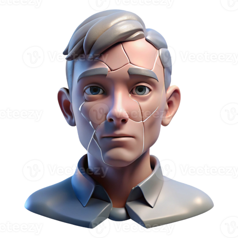 magnificent rustic Portrait of a man with a face cracked like porcelain, lit by a single, harsh light, surrealist style genuine png