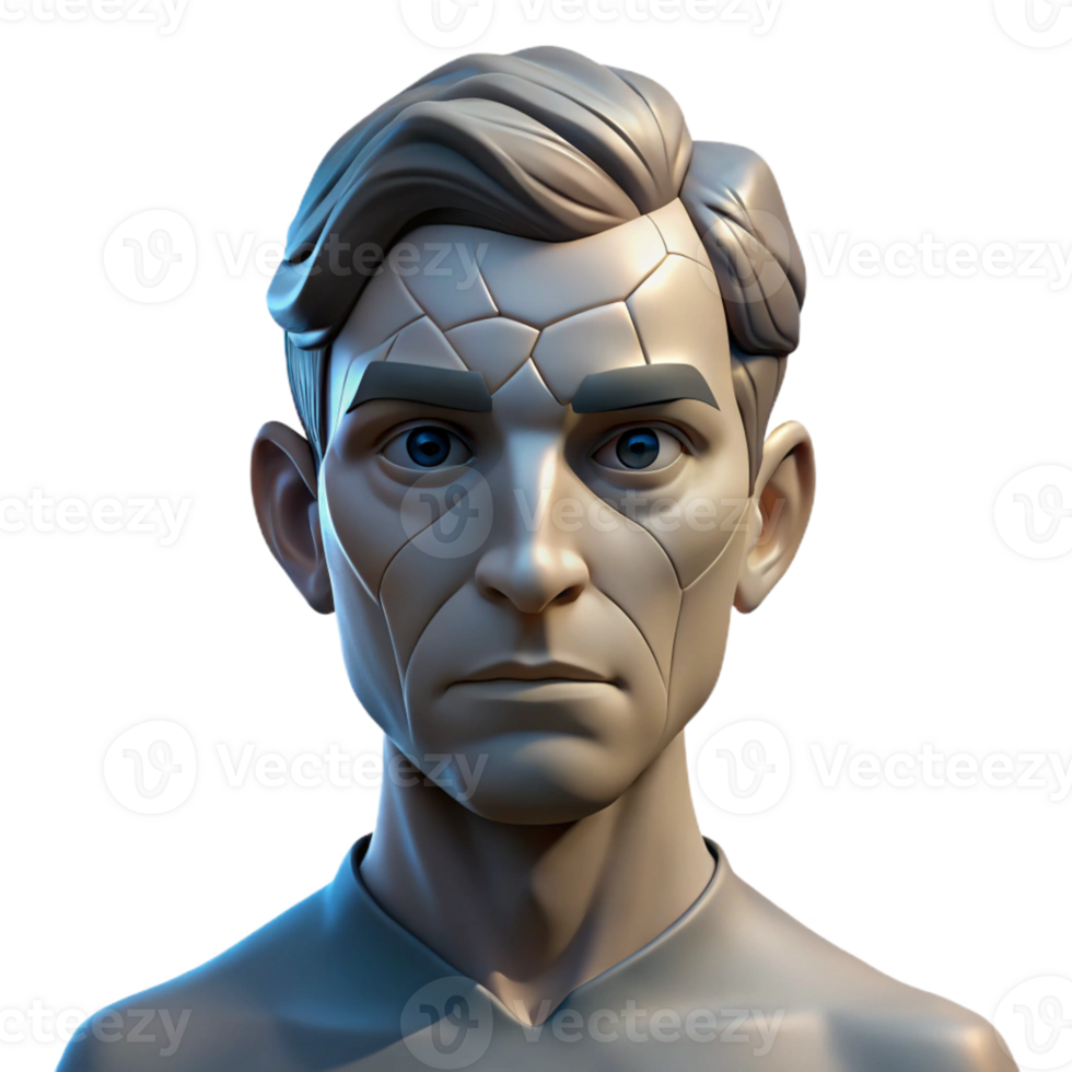 serene artistic Portrait of a man with a face cracked like porcelain, lit by a single, harsh light, surrealist style high resolution png