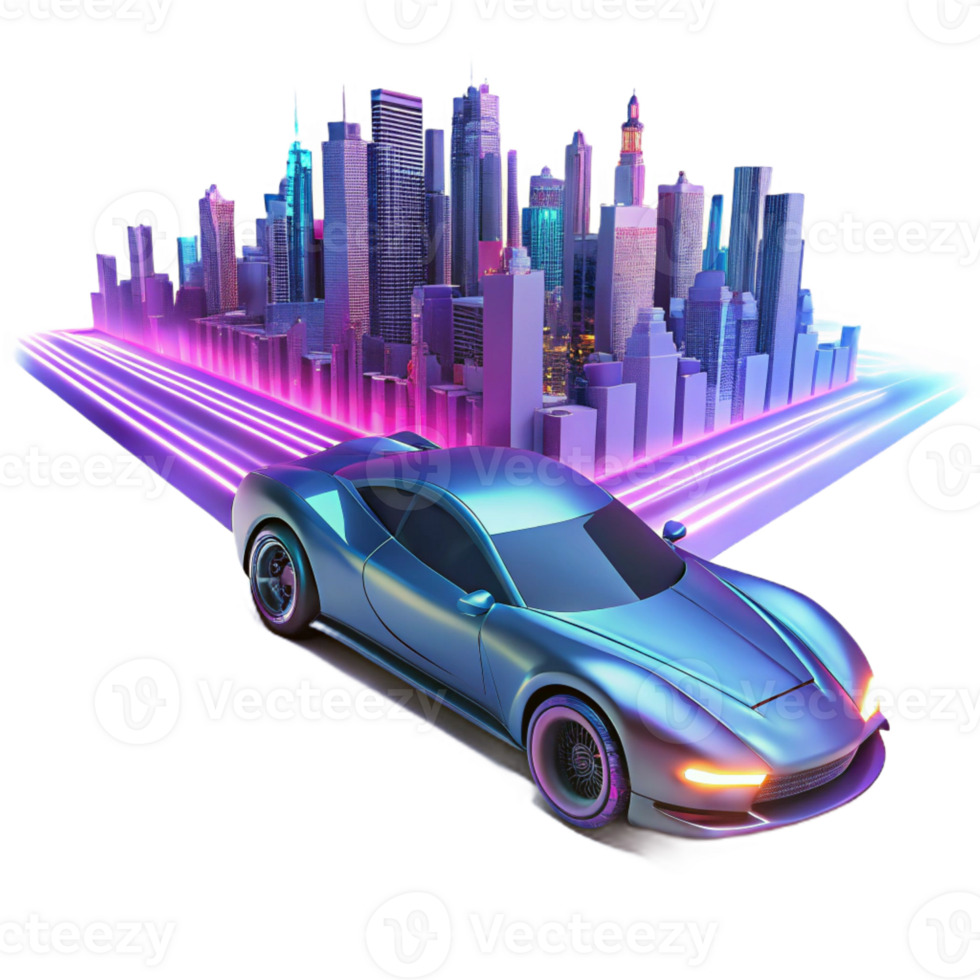 impressive minimalist A futuristic racing car, speeding through a neon-lit city track, dynamic motion blur lighting, cyberpunk style exclusive png