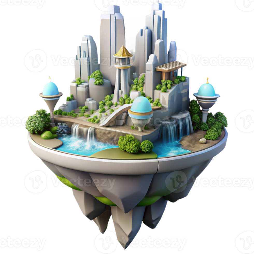 serene classic Floating island city, futuristic architecture, waterfalls, lush vegetation, utopian style exclusive png
