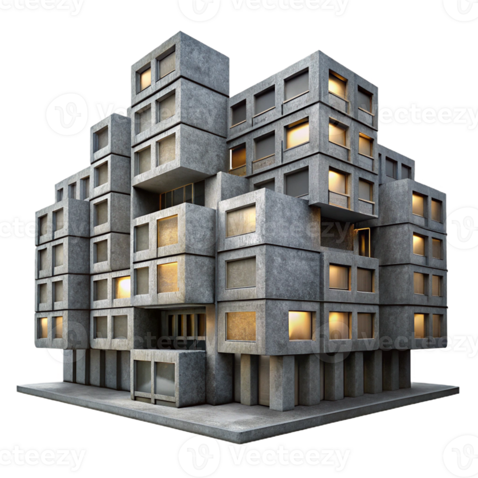 serene classic Brutalist concrete apartment complex, repetitive modular units, overcast grey lighting, stark and imposing, brutalist style high resolution png