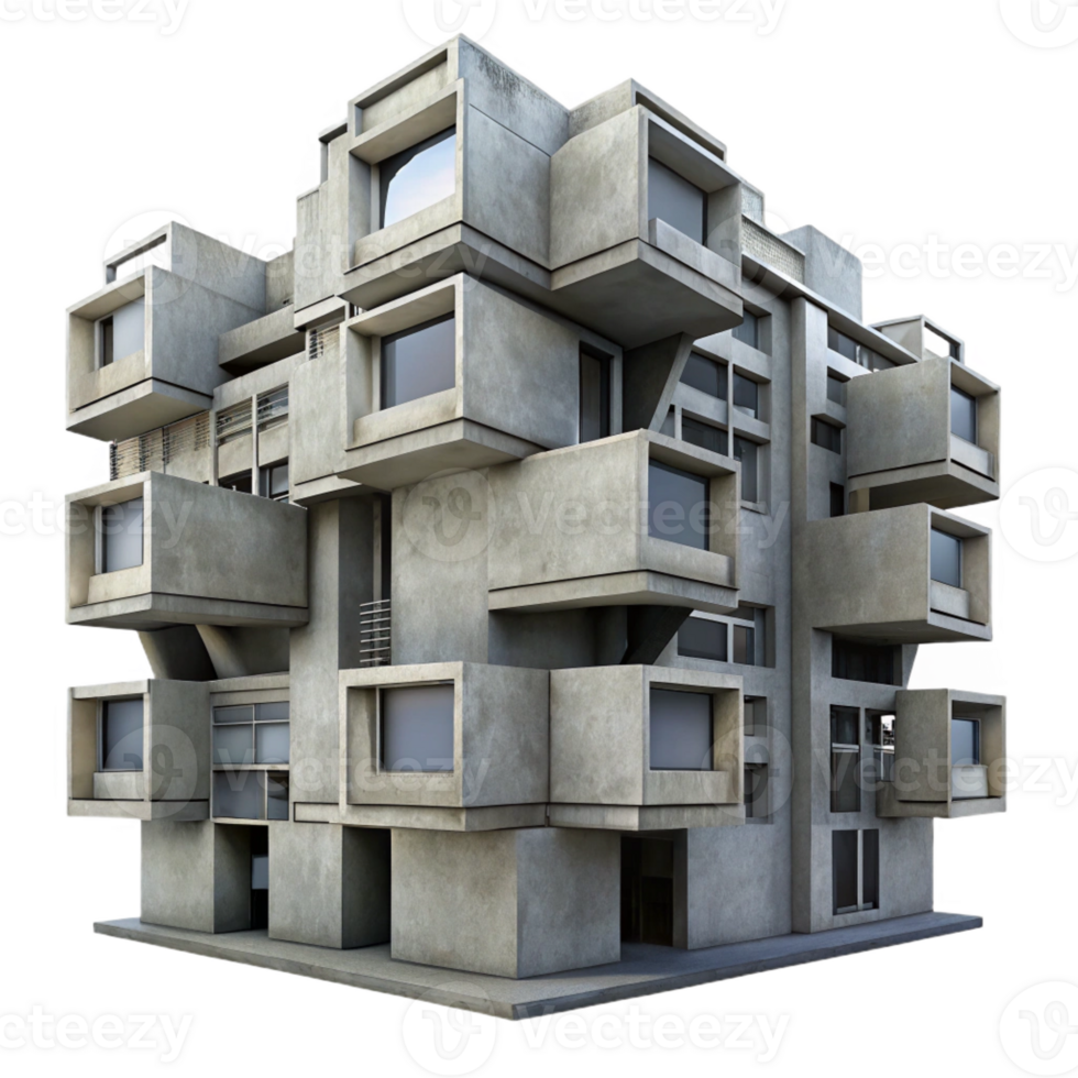 vibrant artistic Brutalist concrete apartment complex, repetitive modular units, overcast grey lighting, stark and imposing, brutalist style authentic png
