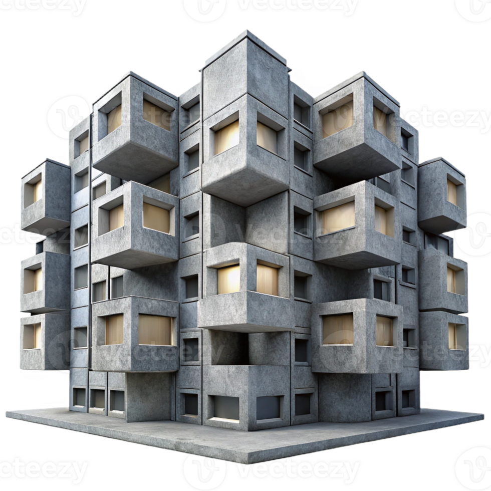 dramatic creative Brutalist concrete apartment complex, repetitive modular units, overcast grey lighting, stark and imposing, brutalist style authentic png