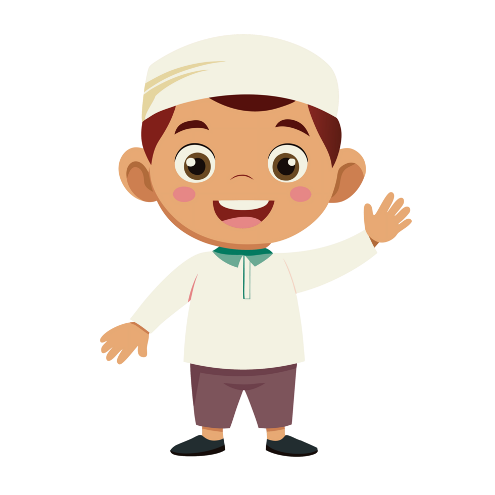 Smiling Muslim Boy Waving Hello Cartoon Illustration png