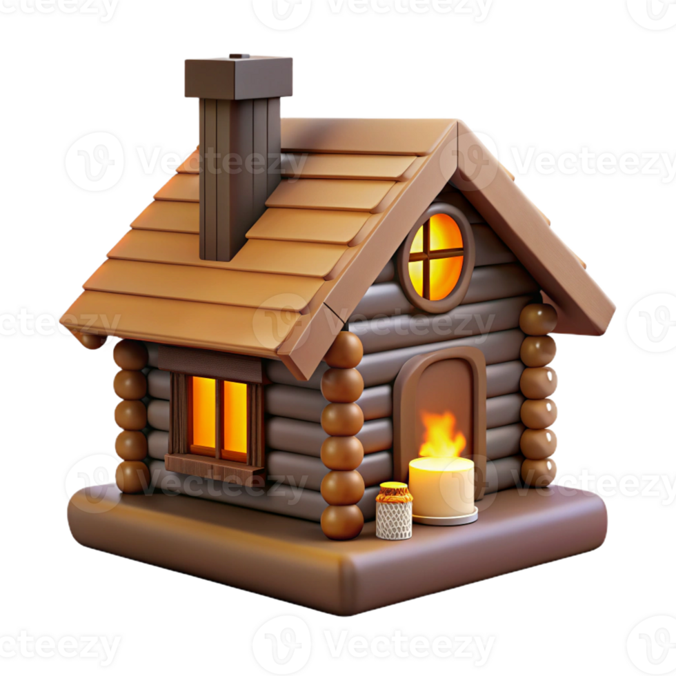 serene creative Log cabin, rustic wood logs, stone fireplace, warm interior lighting, rustic style authentic png