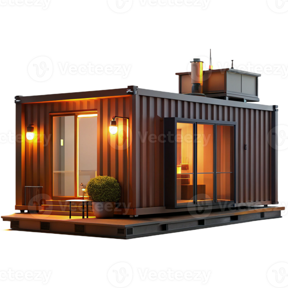 beautiful contemporary Shipping container house, industrial chic aesthetic, warm evening light, repurposed and sustainable high resolution png