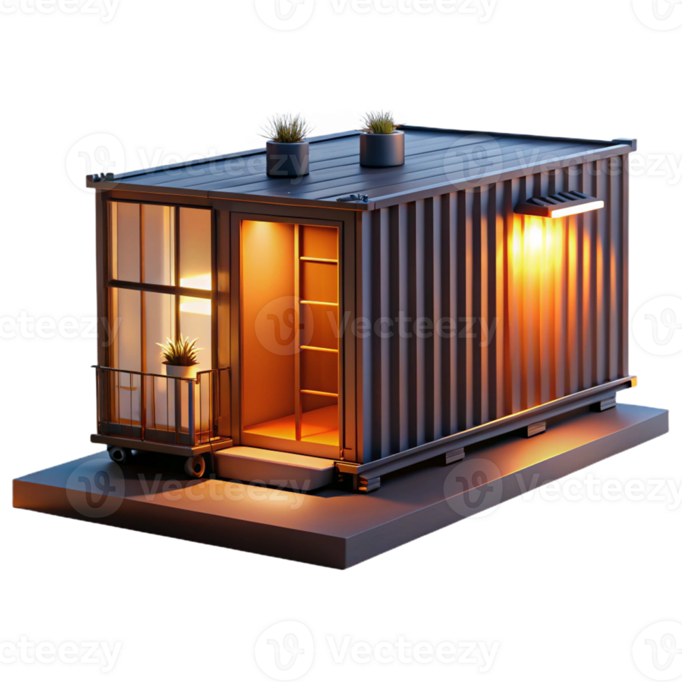 serene vintage Shipping container house, industrial chic aesthetic, warm evening light, repurposed and sustainable premium png
