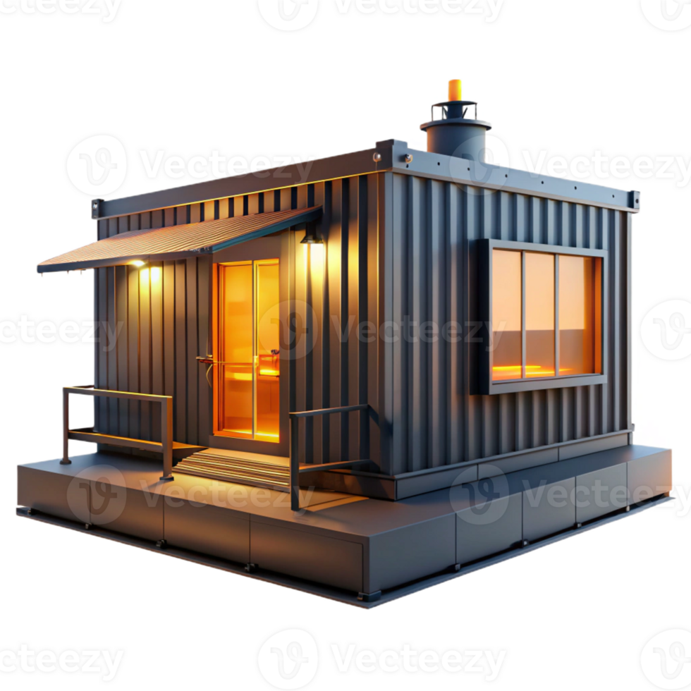 magnificent vintage Shipping container house, industrial chic aesthetic, warm evening light, repurposed and sustainable genuine png