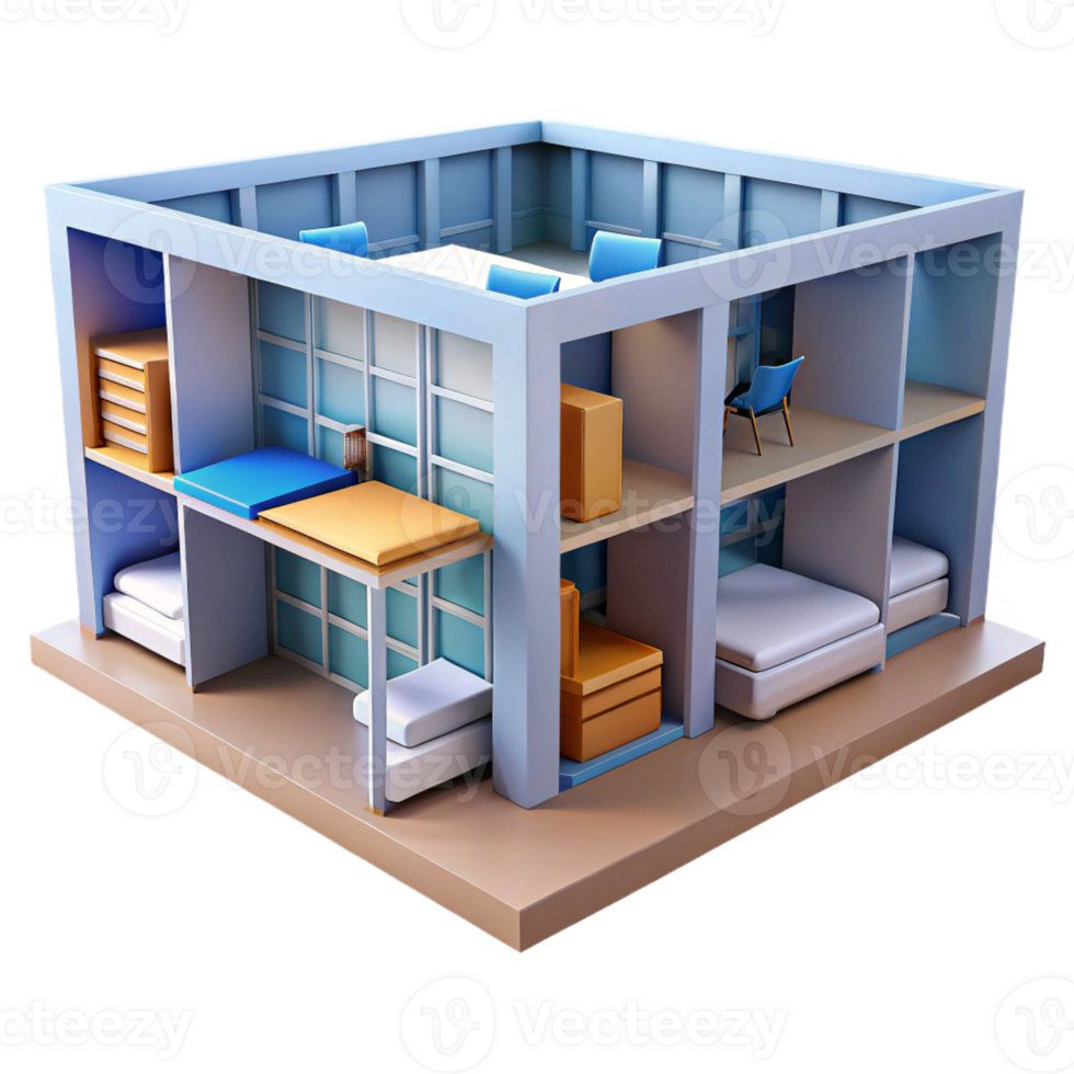 impressive contemporary Student dormitory, modular rooms, communal study areas, bright and airy design, student housing architecture detailed png