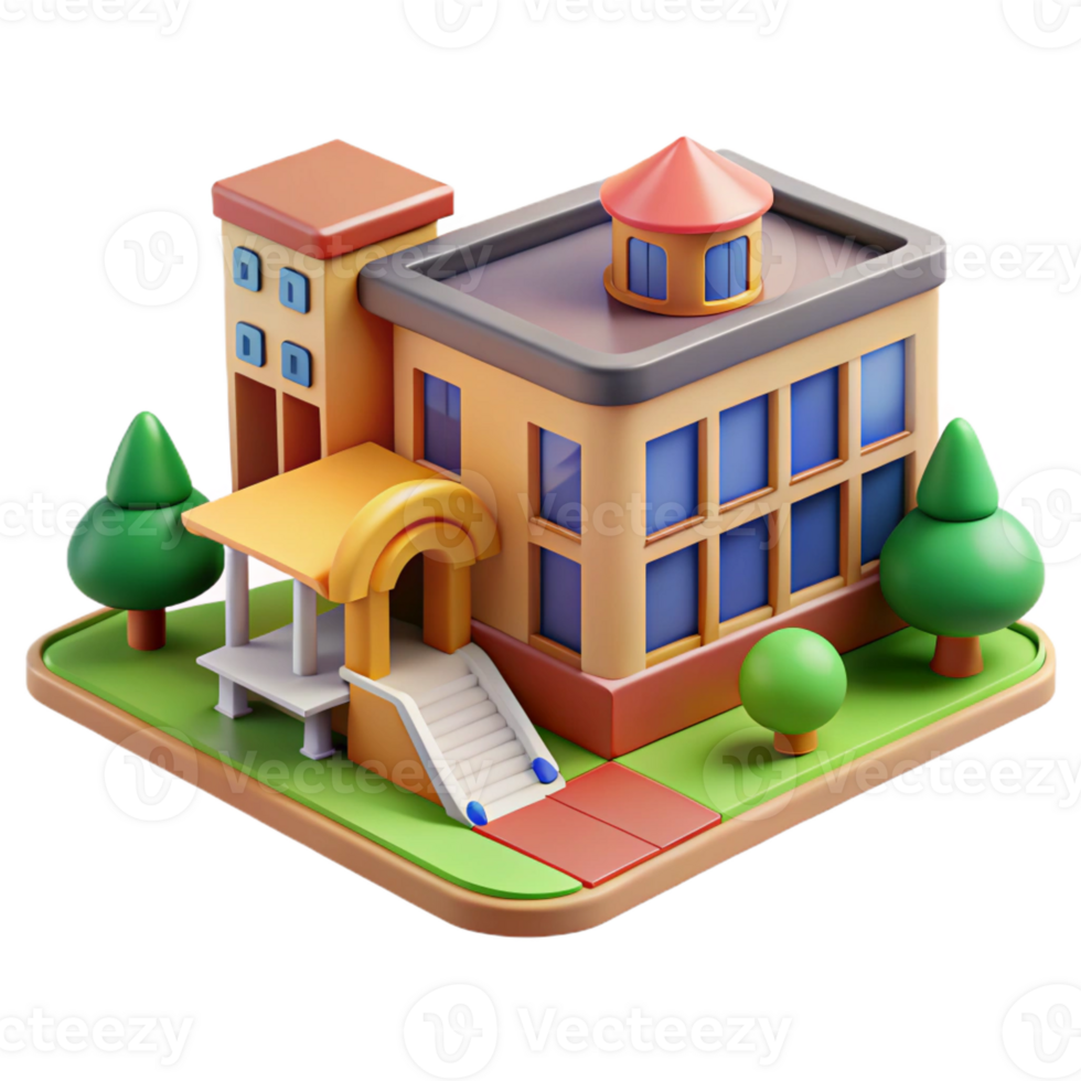 extraordinary contemporary School building, classrooms, library, playground, vibrant and playful design, educational architecture high quality png