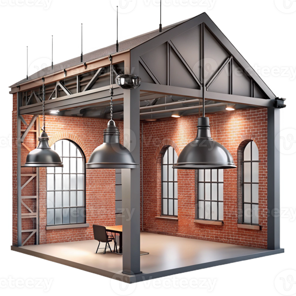 beautiful abstract Industrial loft apartment, exposed brick and metal beams, soft industrial lighting, urban and chic high resolution png