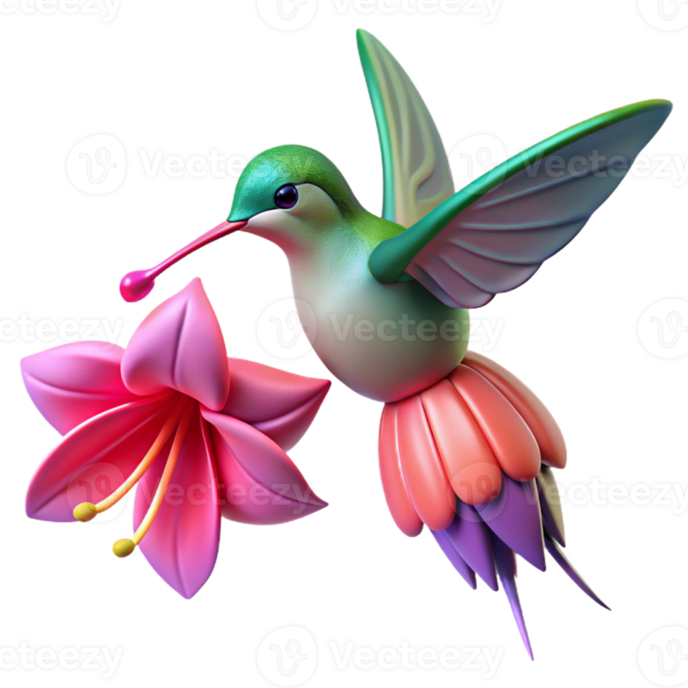 wonderful creative A tiny hummingbird hovering near a vibrant fuchsia flower, macro photography, soft diffused light detailed png