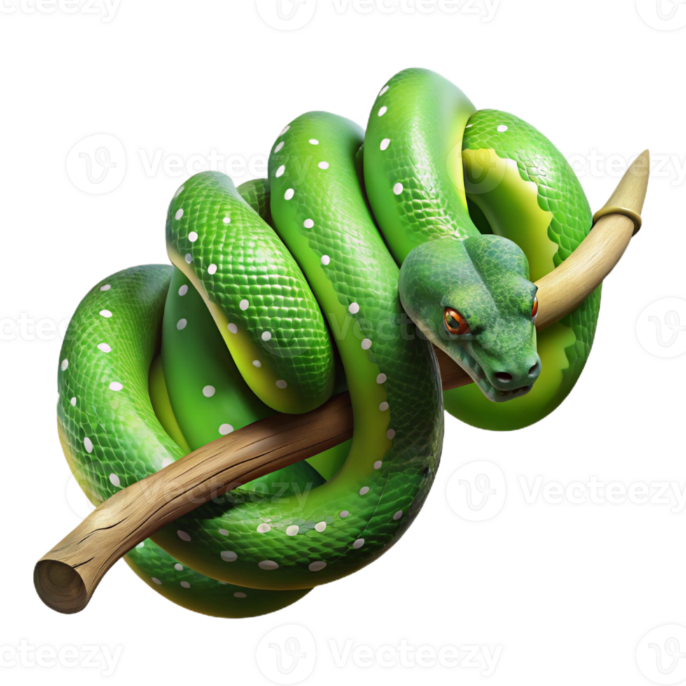 vibrant traditional A slithering green tree python wrapped around a ...