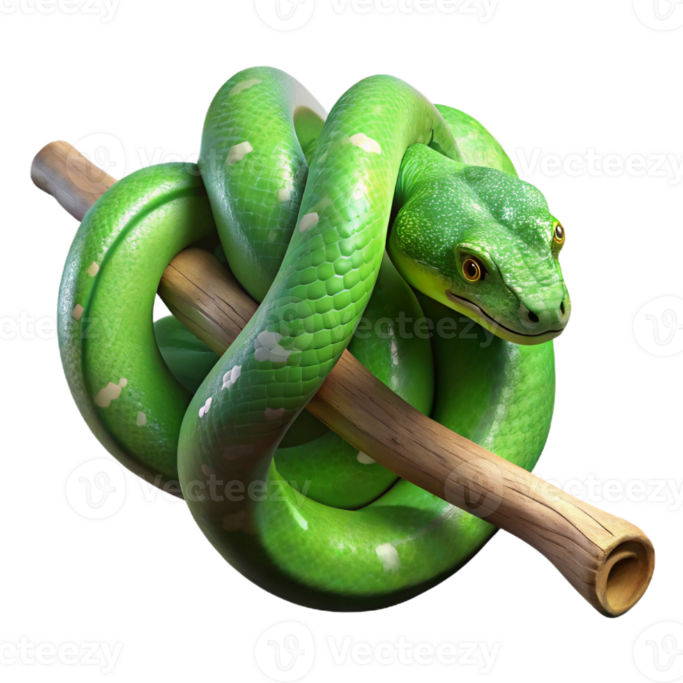 vibrant classic A slithering green tree python wrapped around a branch, dappled jungle light, hyperrealistic style original png