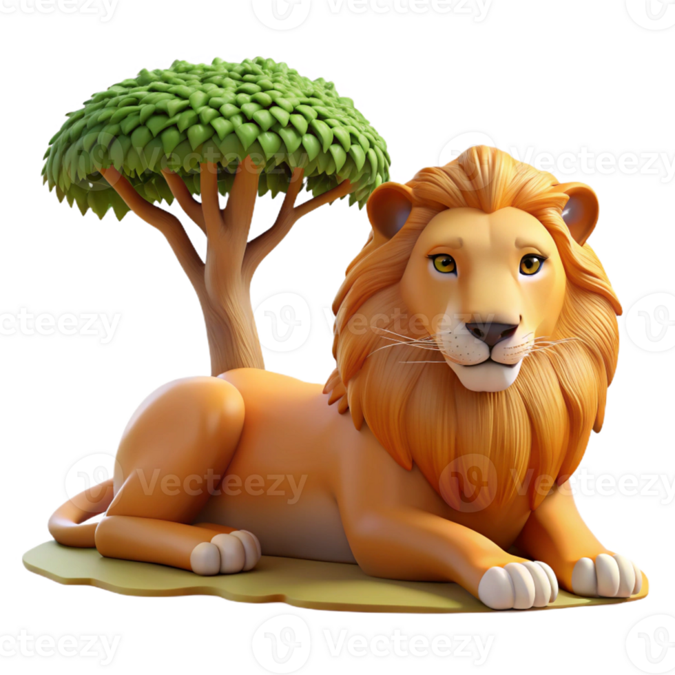 stunning traditional A regal lion resting in the shade of a tree, warm savannah lighting, realistic style authentic png