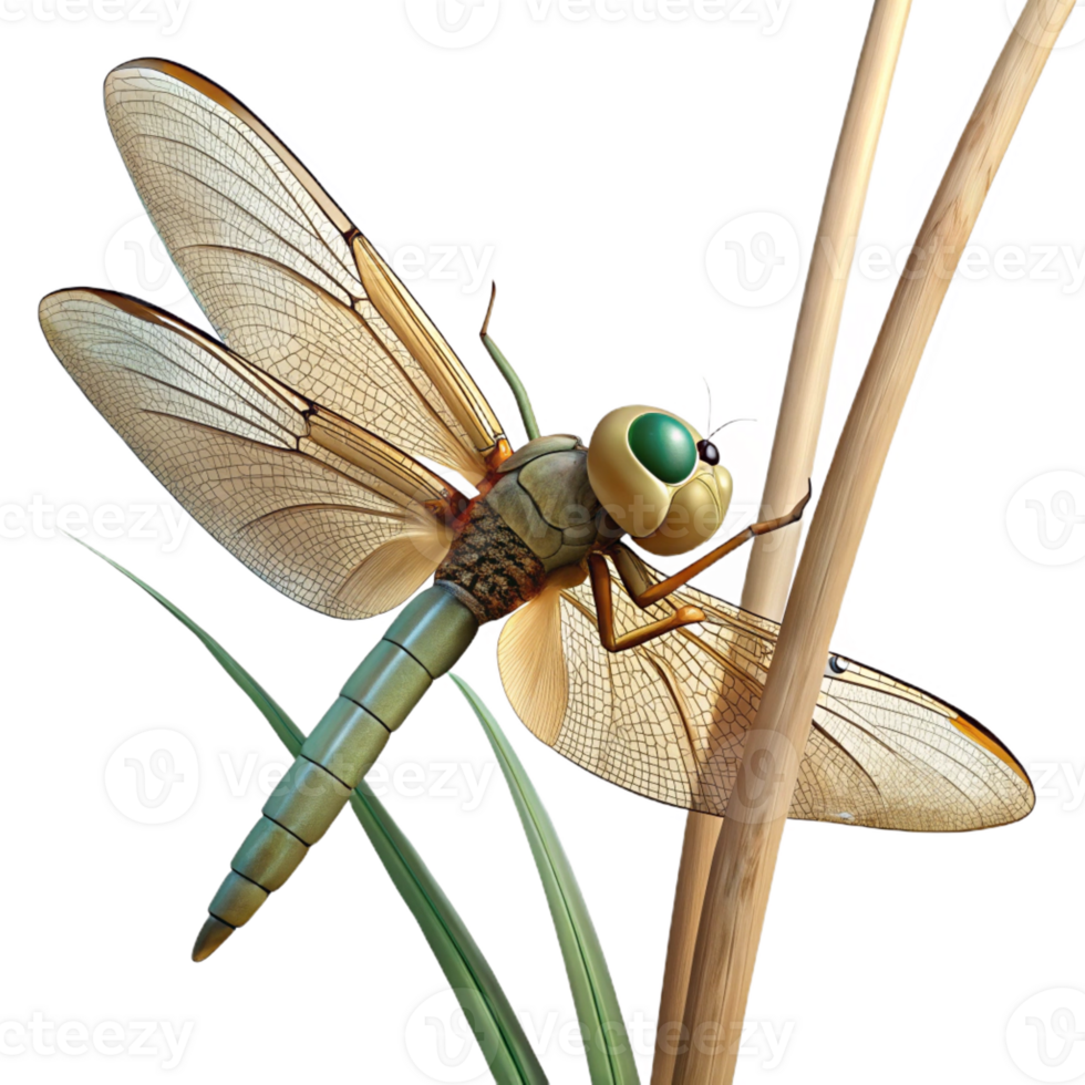 wonderful artistic A close-up of a dragonfly perched on a reed, macro photography, natural light exclusive png