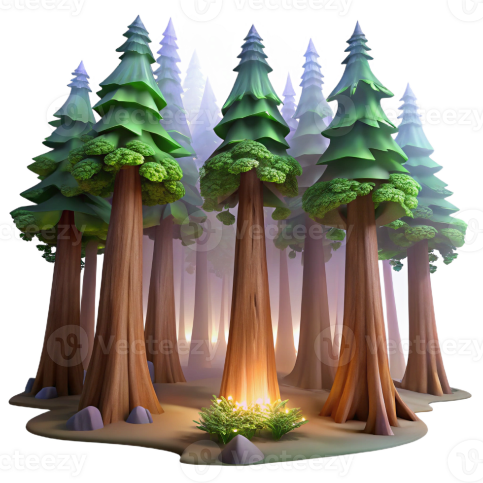 wonderful contemporary A redwood forest with towering trees, ethereal lighting, fantasy art style professional png