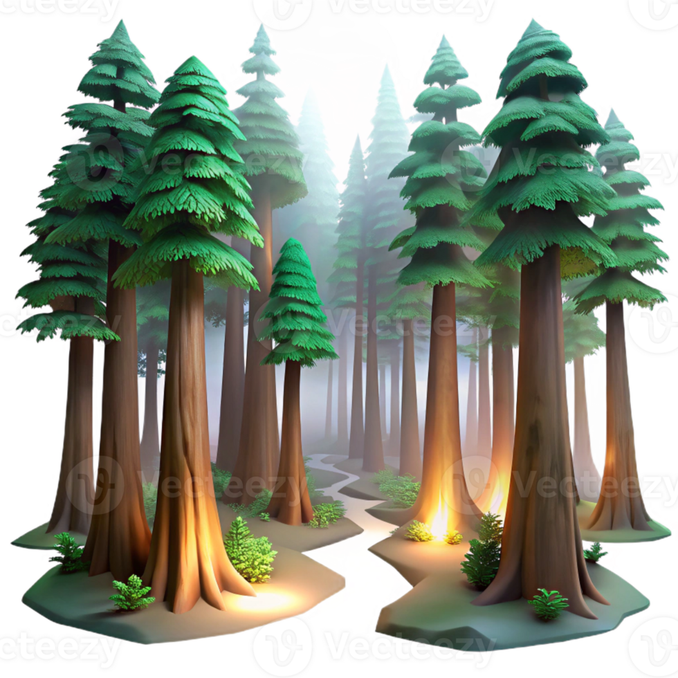 beautiful modern A redwood forest with towering trees, ethereal lighting, fantasy art style authentic png