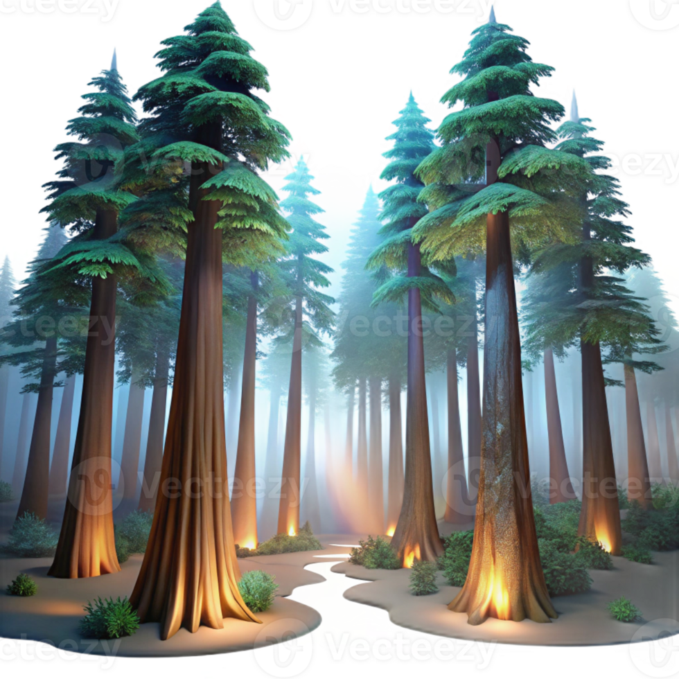 extraordinary creative A redwood forest with towering trees, ethereal lighting, fantasy art style detailed png