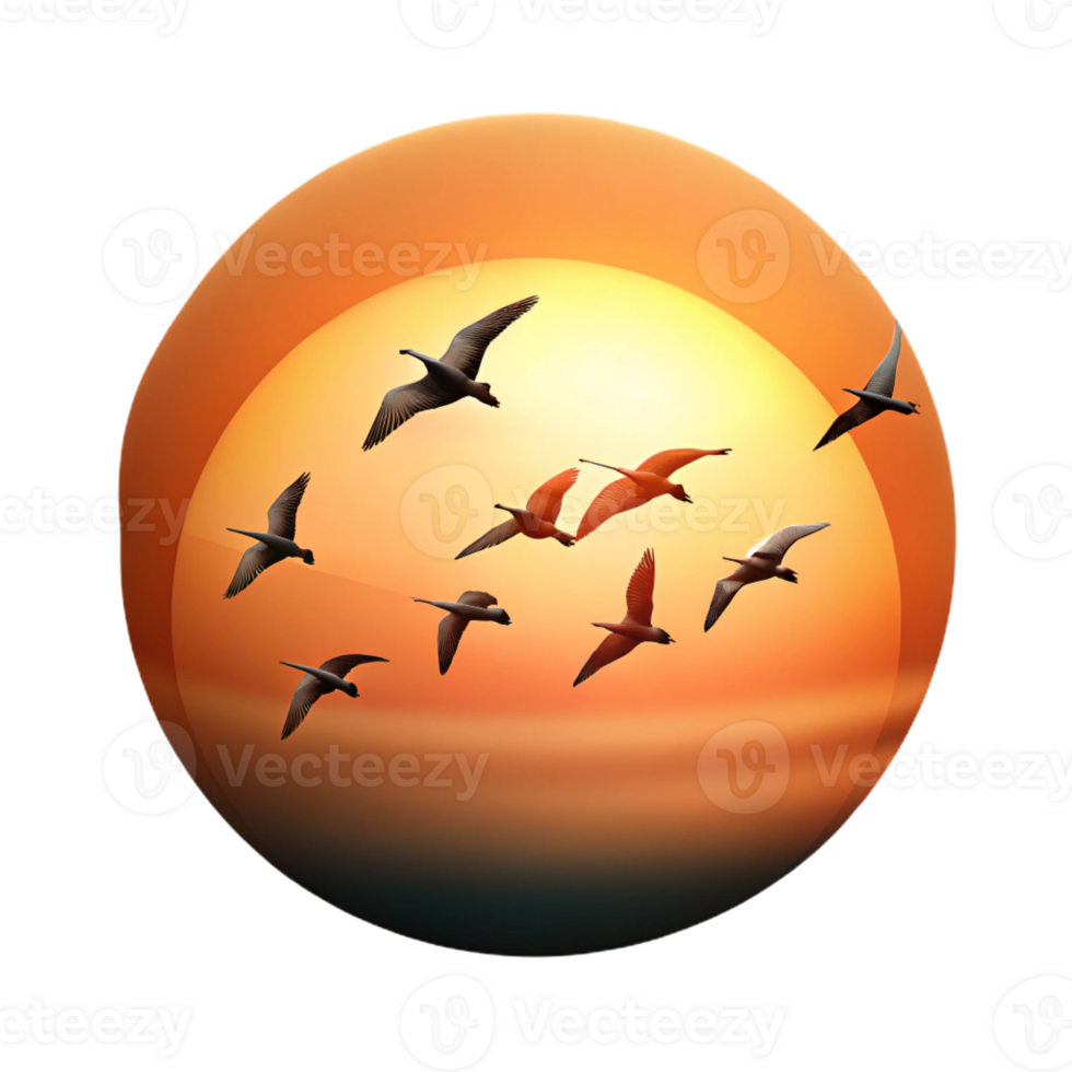 magnificent traditional A group of migrating birds flying in formation against a sunset sky, silhouette style, warm color palette genuine png