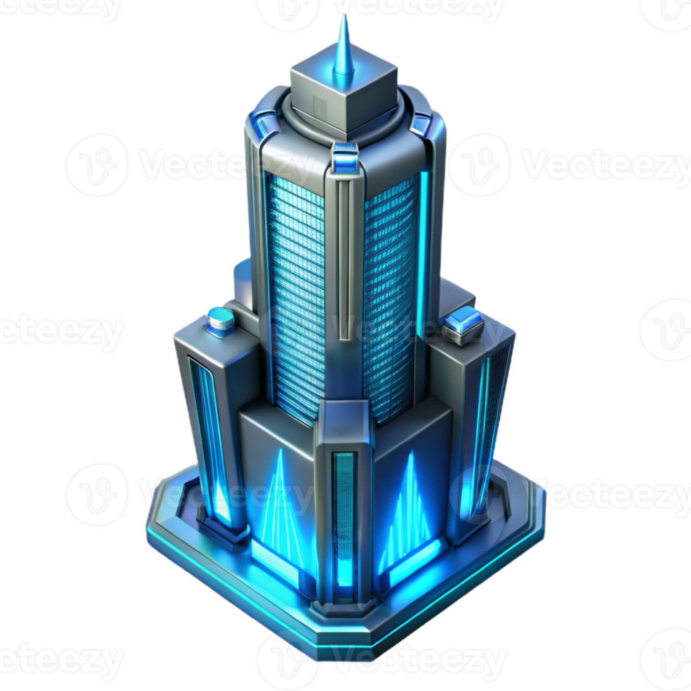 vibrant classic A futuristic, bioluminescent skyscraper pulsating with soft blue light, cyberpunk style, detailed metallic textures premium png