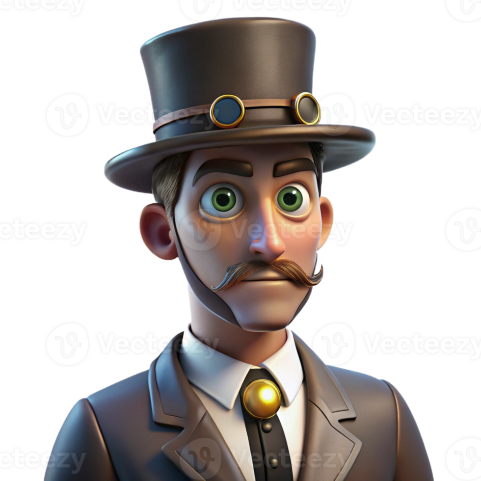 serene vintage Portrait of a man with a stern expression, wearing a monocle and a top hat, lit by a dramatic spotlight, in a steampunk style high quality png