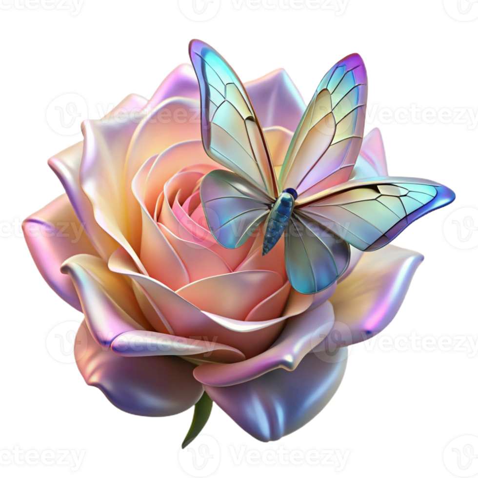 dramatic abstract A delicate butterfly with iridescent wings resting on a blooming rose, bathed in the soft, diffused light of a spring morning, in a vibrant, art nouveau style exclusive png
