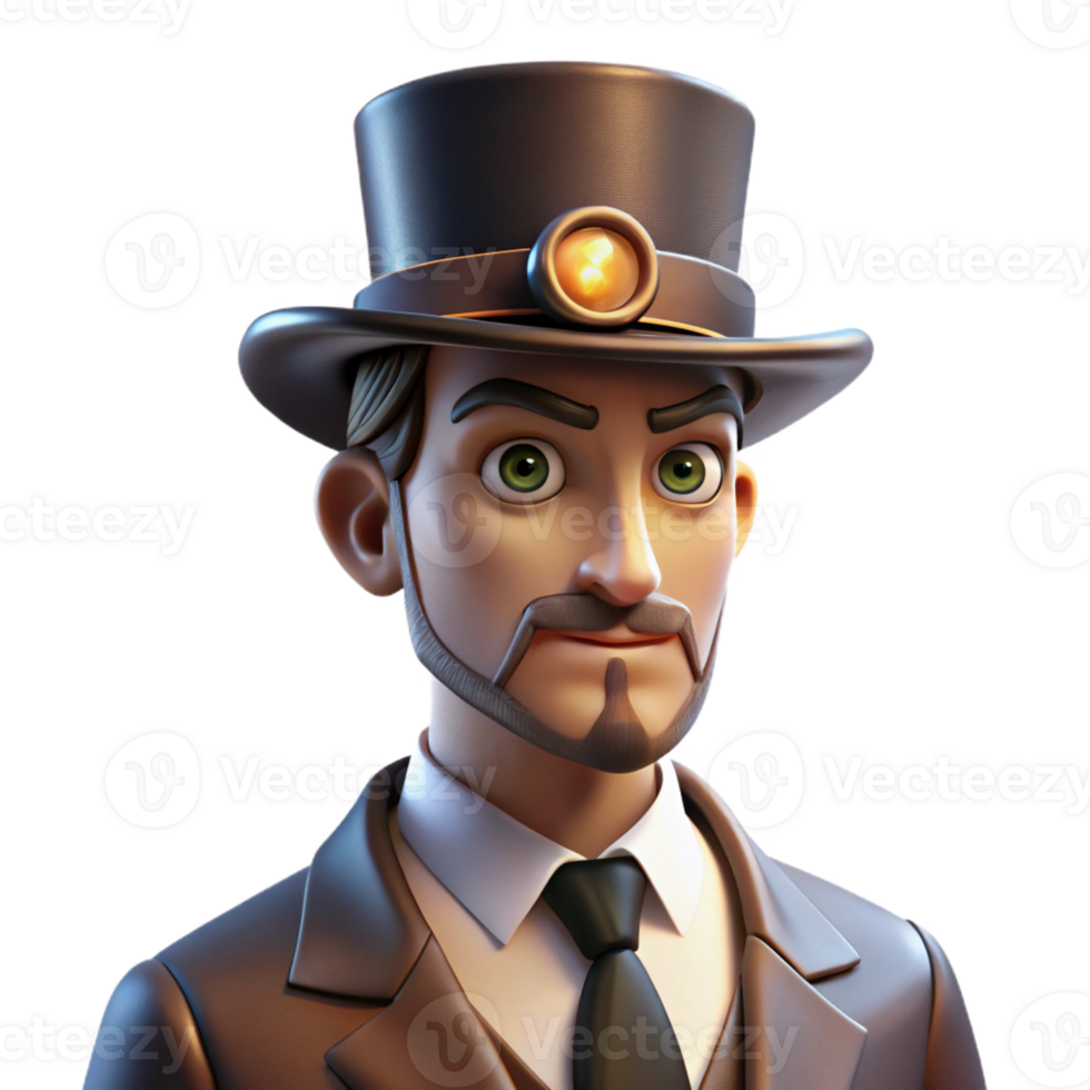 serene rustic Portrait of a man with a stern expression, wearing a monocle and a top hat, lit by a dramatic spotlight, in a steampunk style genuine png