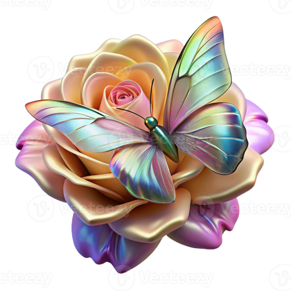 elegant classic A delicate butterfly with iridescent wings resting on a blooming rose, bathed in the soft, diffused light of a spring morning, in a vibrant, art nouveau style high quality png
