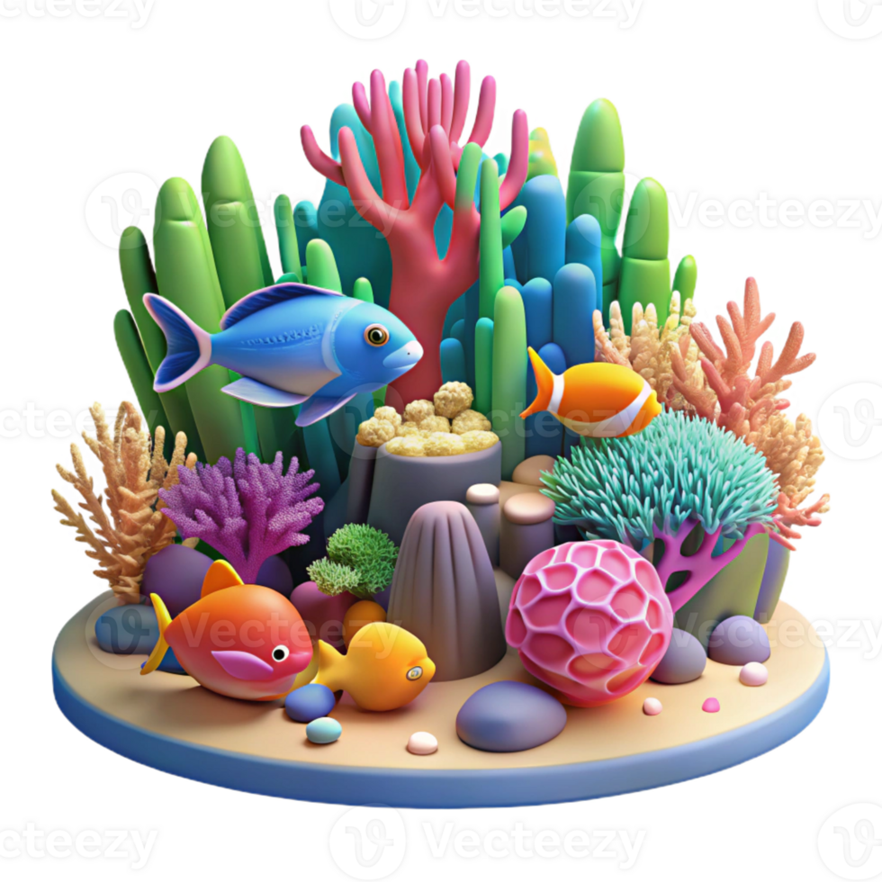 elegant artistic A vibrant coral reef teeming with colorful fish and marine life, illuminated by the bright, underwater sunlight, in a detailed, photorealistic style premium png