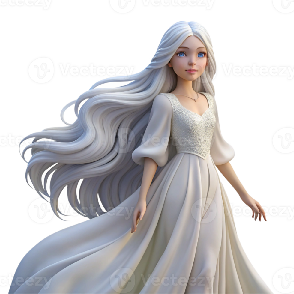 stunning traditional Portrait of a woman with long, flowing white hair, wearing a flowing white gown, lit by ethereal moonlight, in a romantic style original png