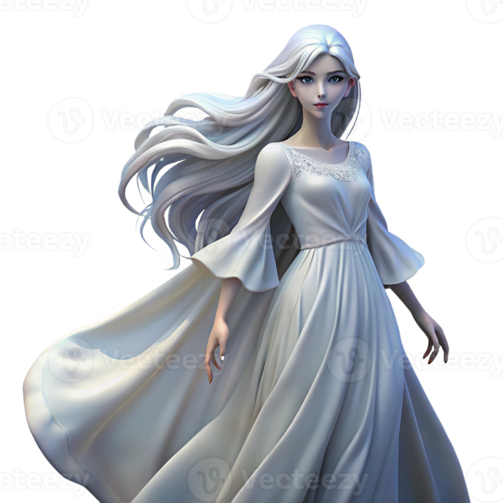 serene classic Portrait of a woman with long, flowing white hair, wearing a flowing white gown, lit by ethereal moonlight, in a romantic style original png