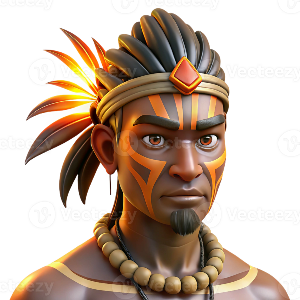 dramatic minimalist Portrait of a man with tribal face paint, wearing traditional headdress, lit by warm firelight, in a cultural portrait style premium png