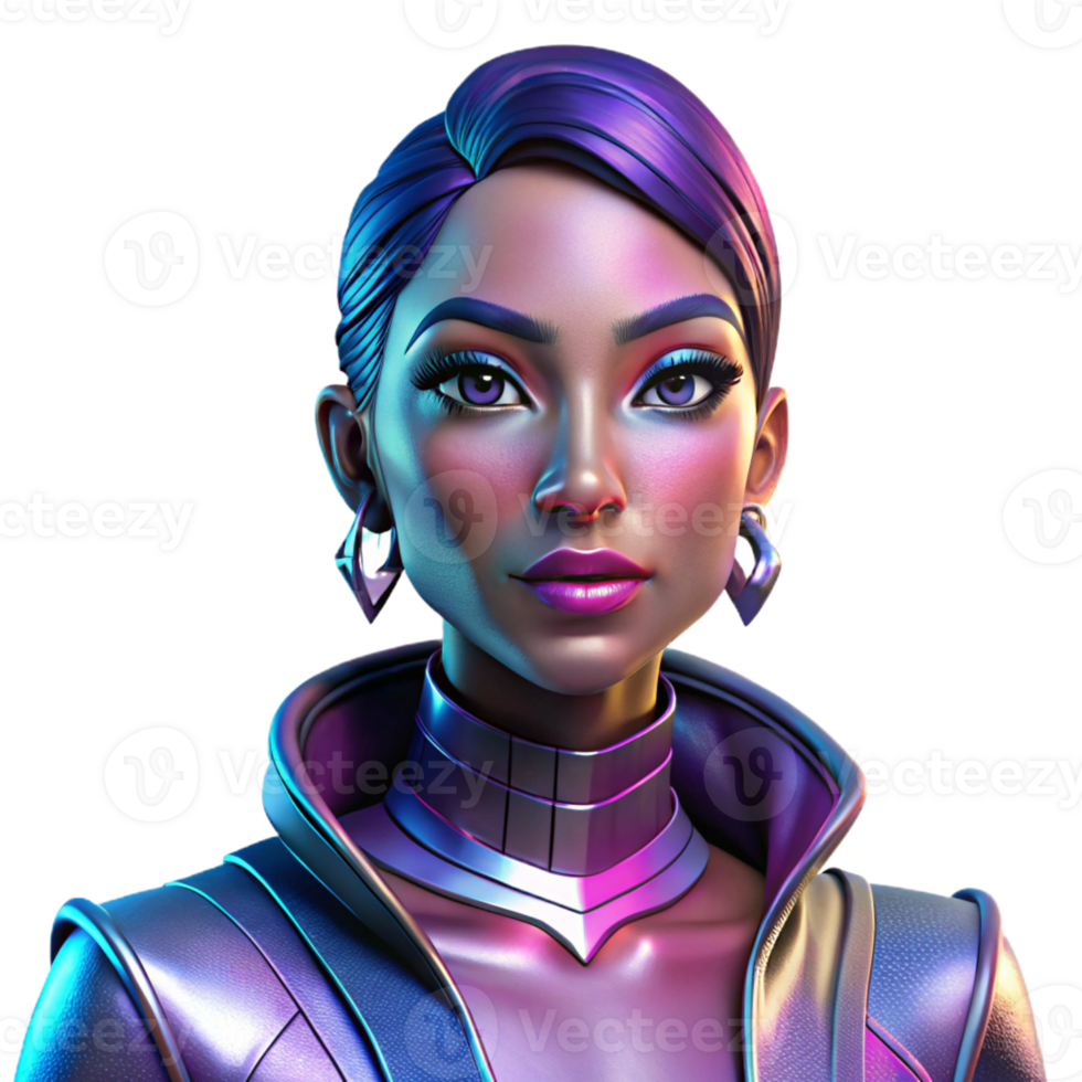 elegant creative Portrait of a woman with vibrant makeup, wearing a futuristic metallic outfit, lit by neon lights, in a sci-fi style premium png