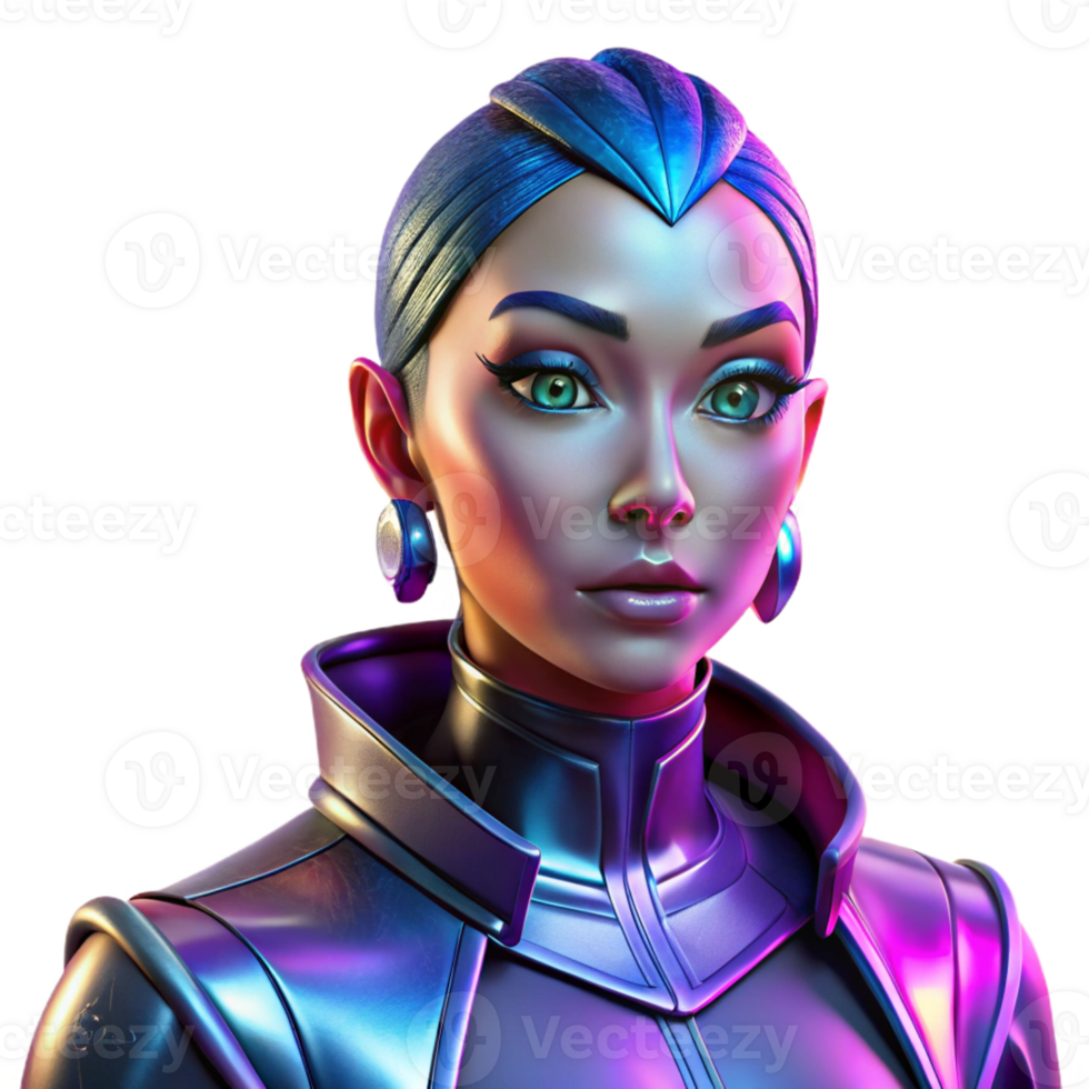 magnificent abstract Portrait of a woman with vibrant makeup, wearing a futuristic metallic outfit, lit by neon lights, in a sci-fi style detailed png
