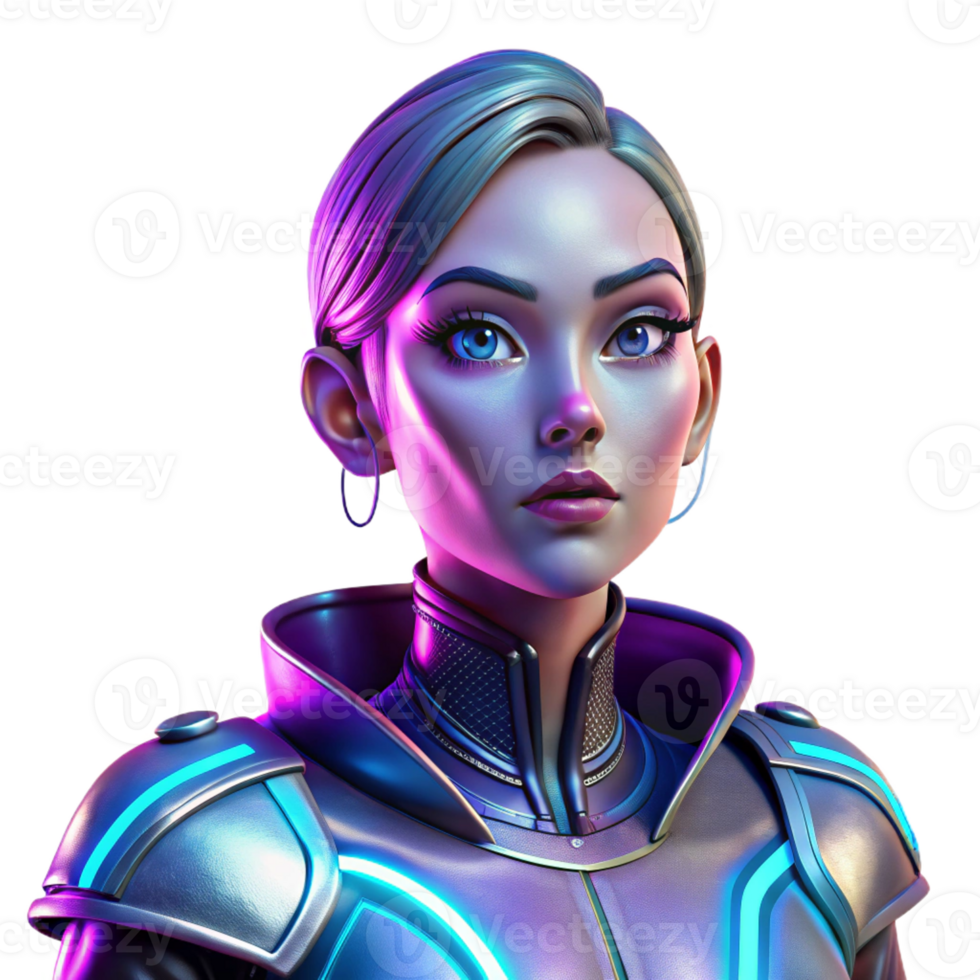 magnificent modern Portrait of a woman with vibrant makeup, wearing a futuristic metallic outfit, lit by neon lights, in a sci-fi style high resolution png