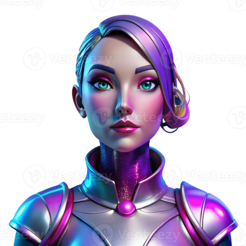 extraordinary minimalist Portrait of a woman with vibrant makeup, wearing a futuristic metallic outfit, lit by neon lights, in a sci-fi style high resolution png