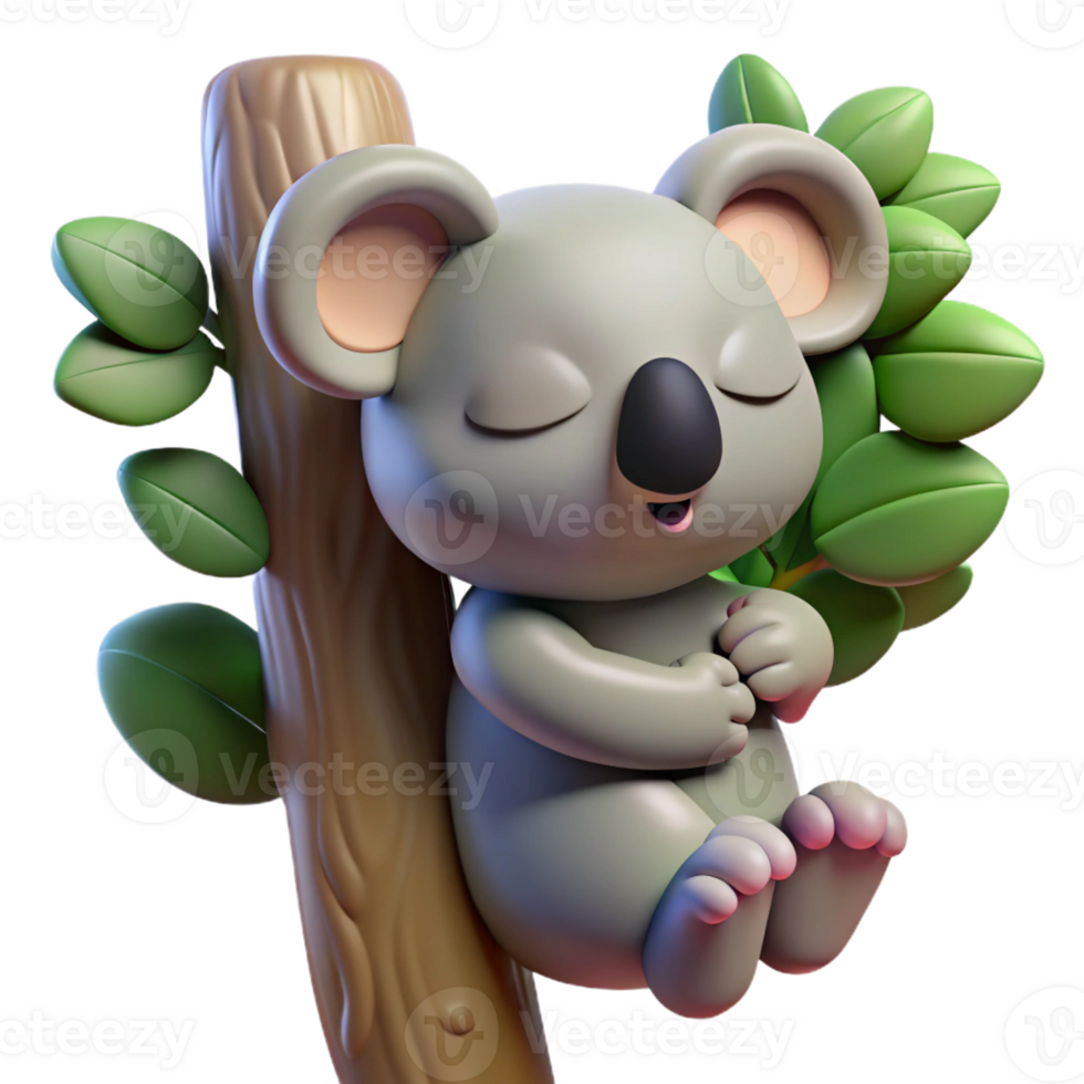 vibrant rustic A sleepy koala clinging to a eucalyptus tree, bathed in the soft, diffused light of a summer afternoon, in a cuddly, cartoonish style detailed png