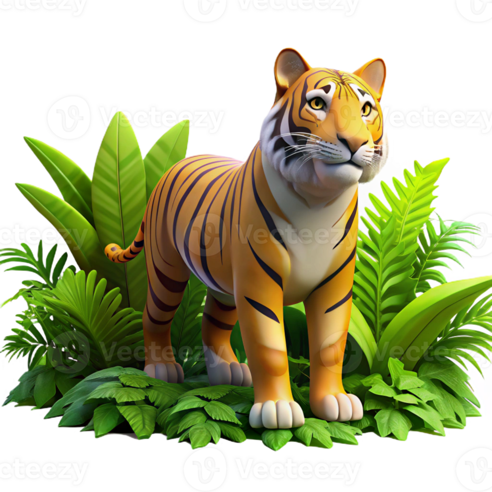 beautiful modern A powerful tiger emerging from the dense jungle foliage, illuminated by dappled sunlight, rendered in a majestic, realistic style high resolution png
