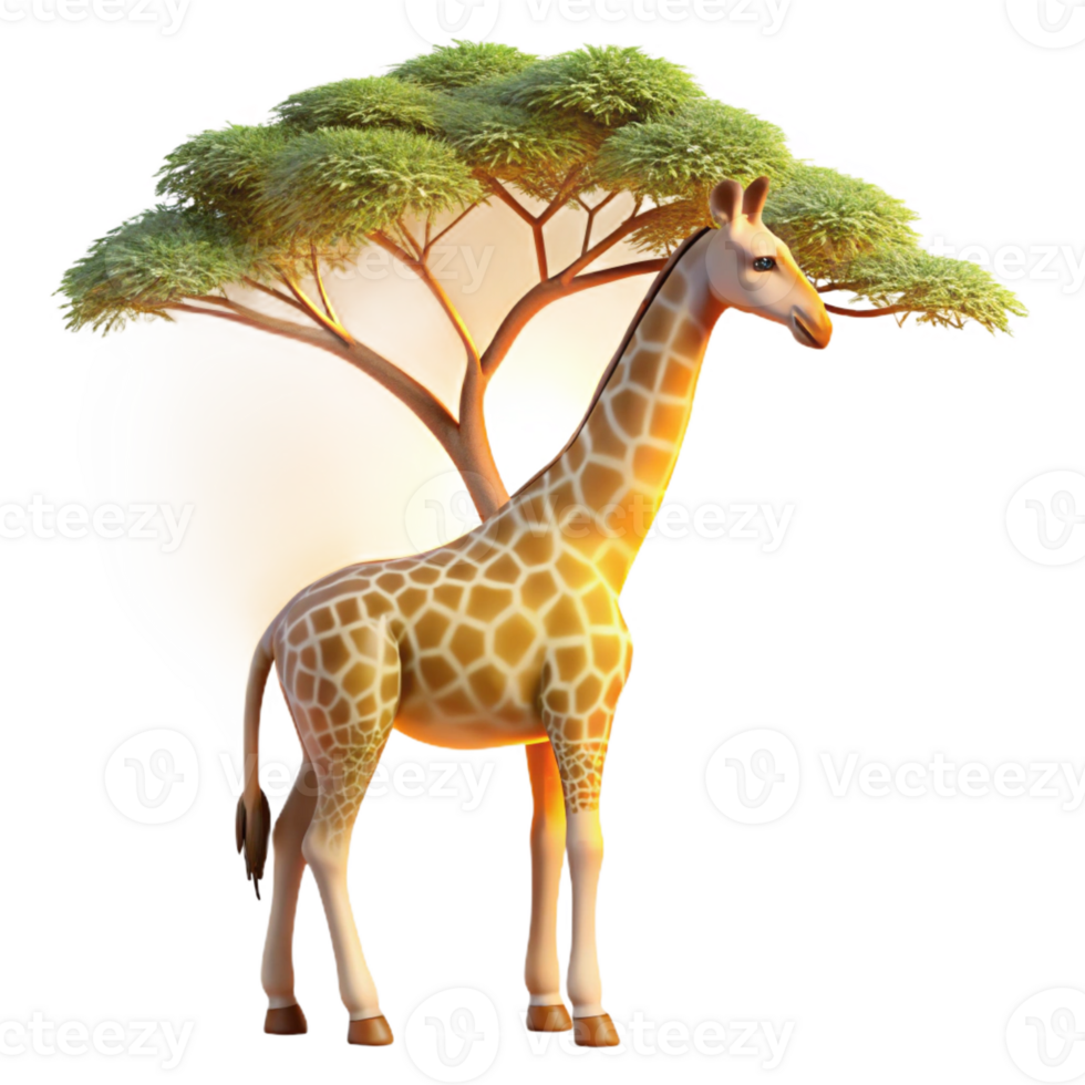 serene creative A graceful giraffe reaching for leaves high in a tree, lit by the warm, golden light of the African savanna, in a serene, realistic style high resolution png